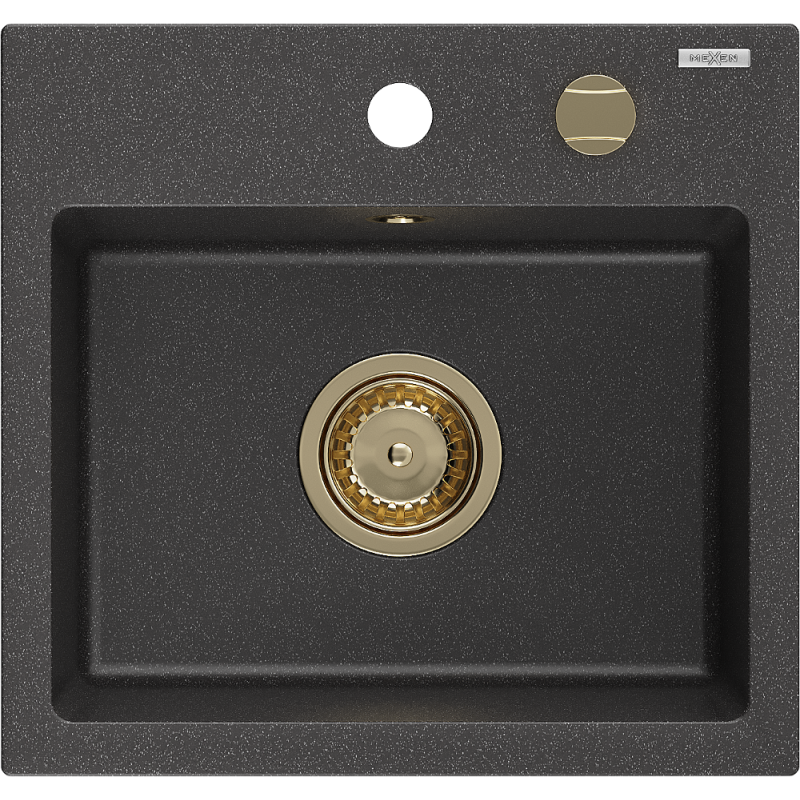 Mexen Milo gránit mosogató 1-medencés 435 x 410 mm, fekete foltos, arany szifon - 6505441000-76-G
