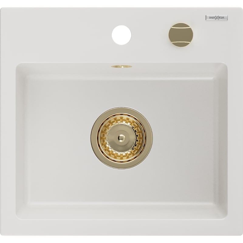 Mexen Milo gránit egytálcás mosogató 435 x 410 mm, fehér, arany szifonnal - 6505441000-20-G