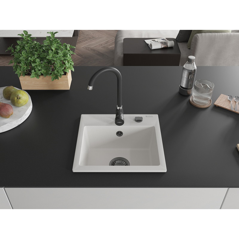 Mexen Milo 1-medencés gránit mosogató 435 x 410 mm, fehér, fekete szifon - 6505441000-20-B
