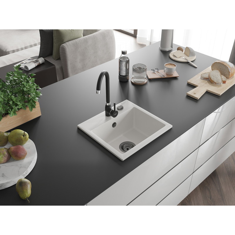 Mexen Milo chiuvetă de bucătărie din granit cu 1 cuvă 435 x 410 mm, albă, sifon negru - 6505441000-20-B