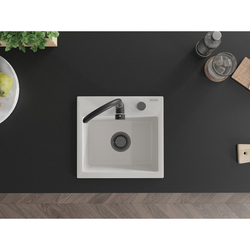 Mexen Milo chiuvetă granit 1-cameră 435 x 410 mm, alb, sifon negru - 6505441000-20-B