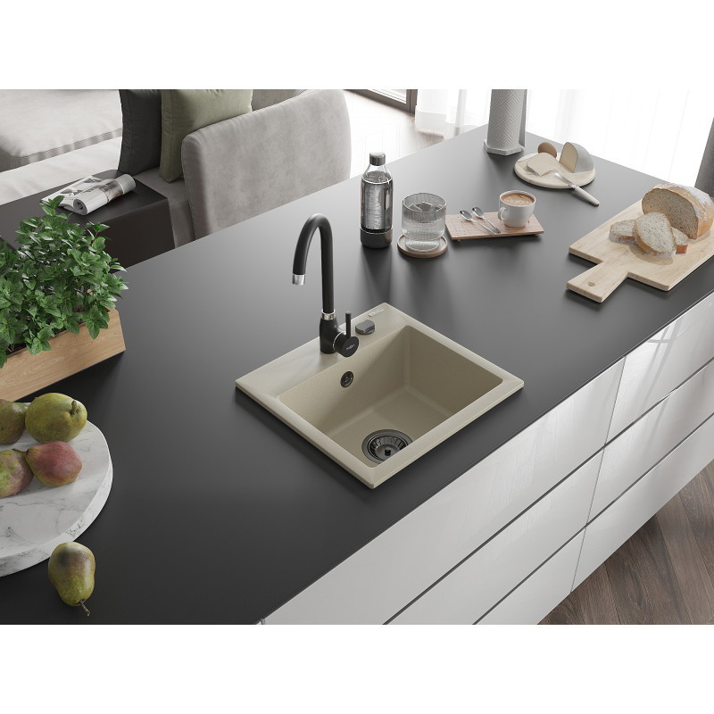 Mexen Milo chiuvetă granit de un compartiment 435 x 410 mm, bej, sifon negru - 6505441000-69-B