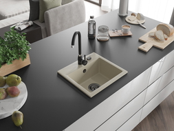 Mexen Milo chiuvetă de granit cu 1 compartiment 435 x 410 mm, bej, sifon negru - 6505441000-69-B