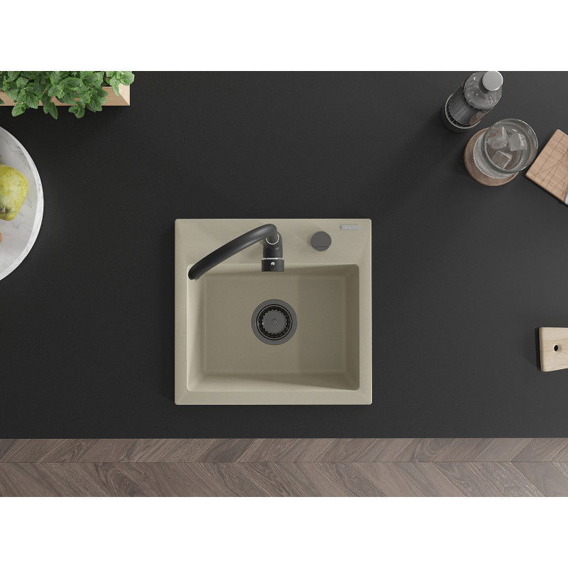 Mexen Milo chiuvetă de granit cu 1 compartiment 435 x 410 mm, bej, sifon negru - 6505441000-69-B