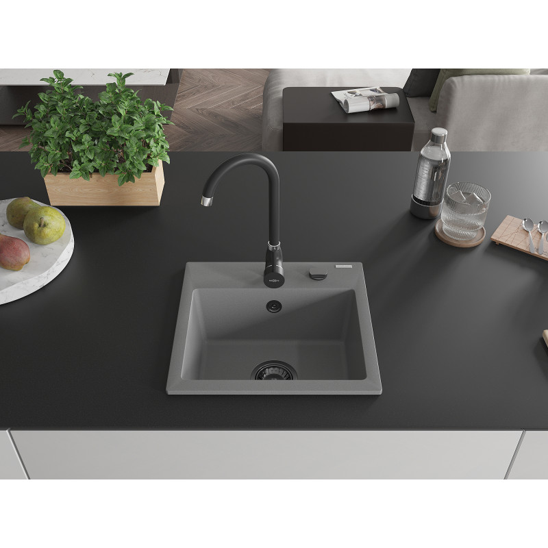 Mexen Milo chiuvetă de granit cu 1 compartiment 435 x 410 mm, gri, sifon negru - 6505441000-71-B