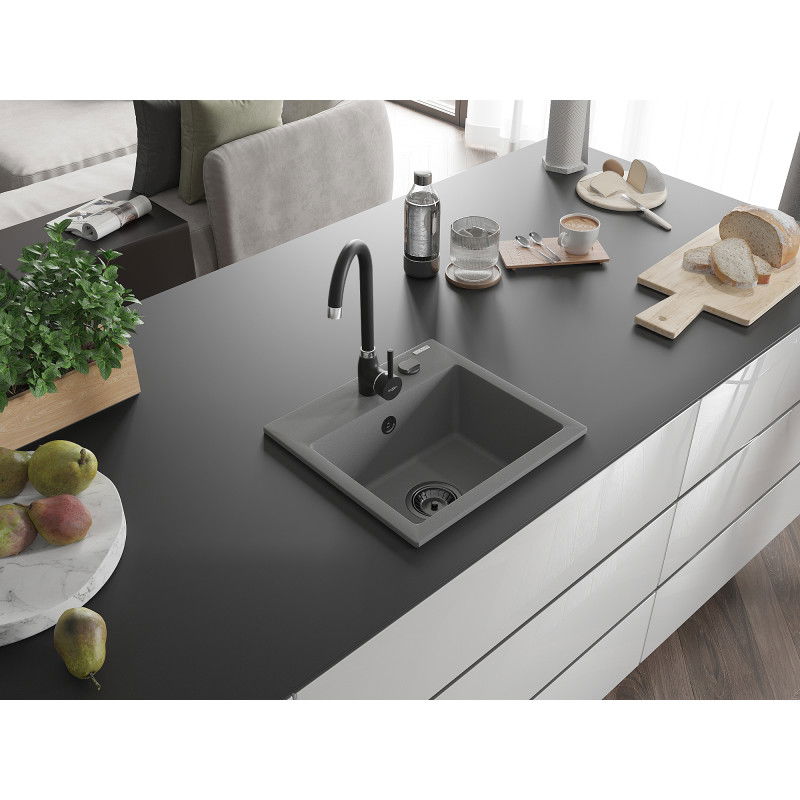 Mexen Milo gránit mosogató 1-medencés 435 x 410 mm, szürke, fekete szifon - 6505441000-71-B