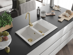 Mexen Gaspar chiuvetă din granit cu 1,5 compartimente și scurgător 737 x 475 mm, alb, sifon auriu - 6507731505-20-G