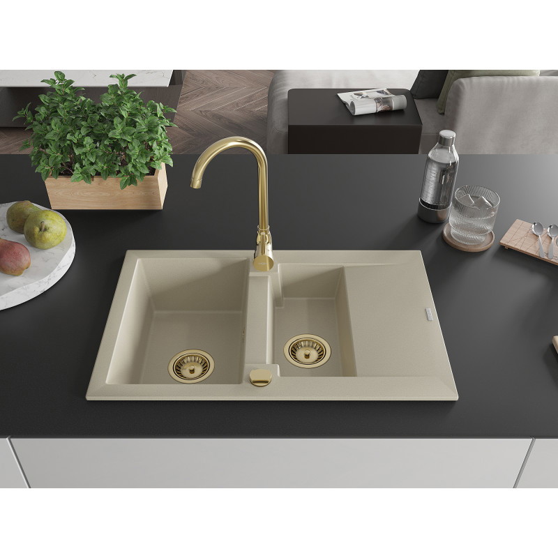 Mexen Gaspar chiuvetă din granit cu 1,5 compartimente și scurgător 737 x 475 mm, bej, sifon auriu - 6507731505-69-G