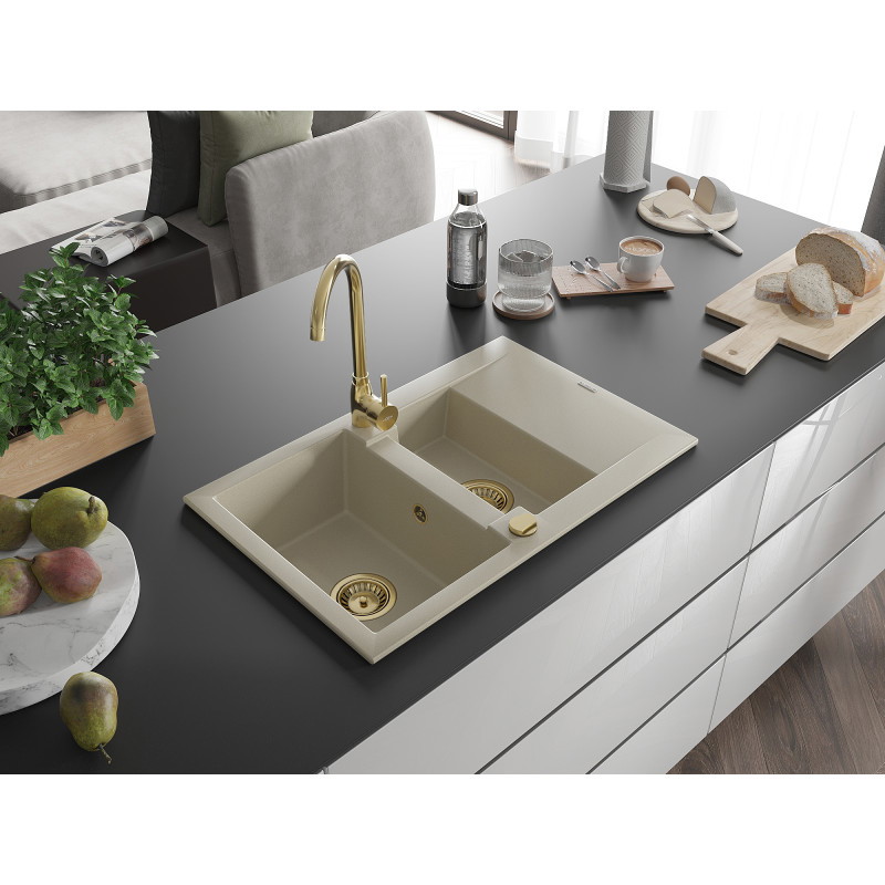 Mexen Gaspar chiuvetă din granit cu 1,5 compartimente și scurgător 737 x 475 mm, bej, sifon auriu - 6507731505-69-G