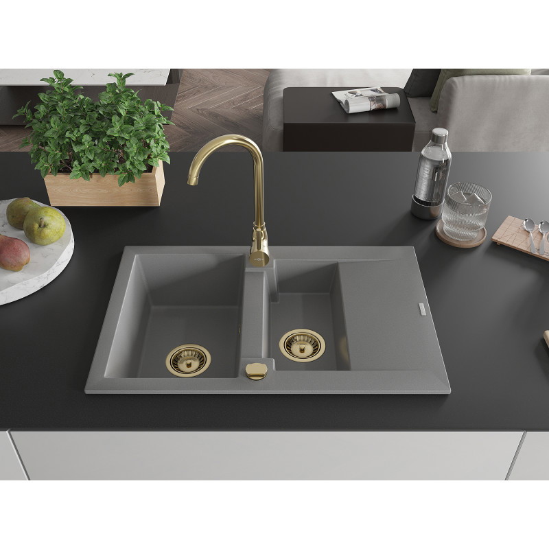 Mexen Gaspar chiuvetă de granit cu 1,5 compartimente cu scurgător 737 x 475 mm, gri, sifon auriu - 6507731505-71-G