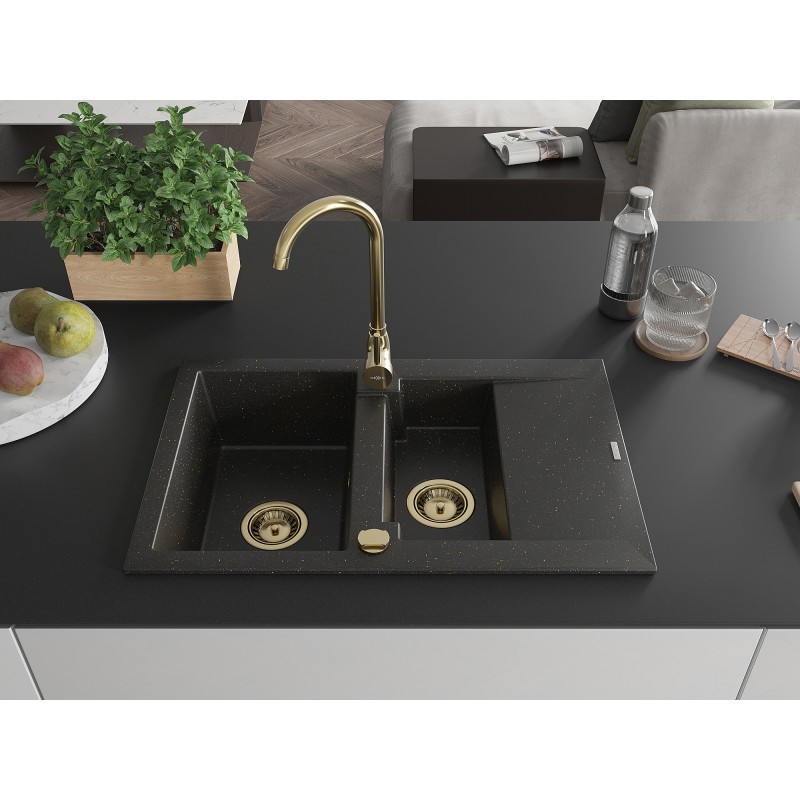 Mexen Gaspar 1,5 rekeszes gránit mosogató csepptálcával 737 x 475 mm, fekete/arany metál, arany szifon - 6507731505-75-G