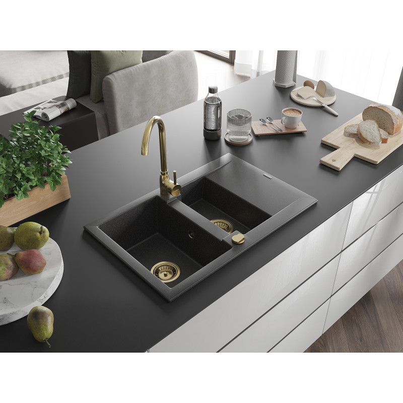 Mexen Gaspar chiuvetă din granit cu 1,5 compartimente și scurgător 737 x 475 mm, negru cu pete, sifon auriu - 6507731505-76-G