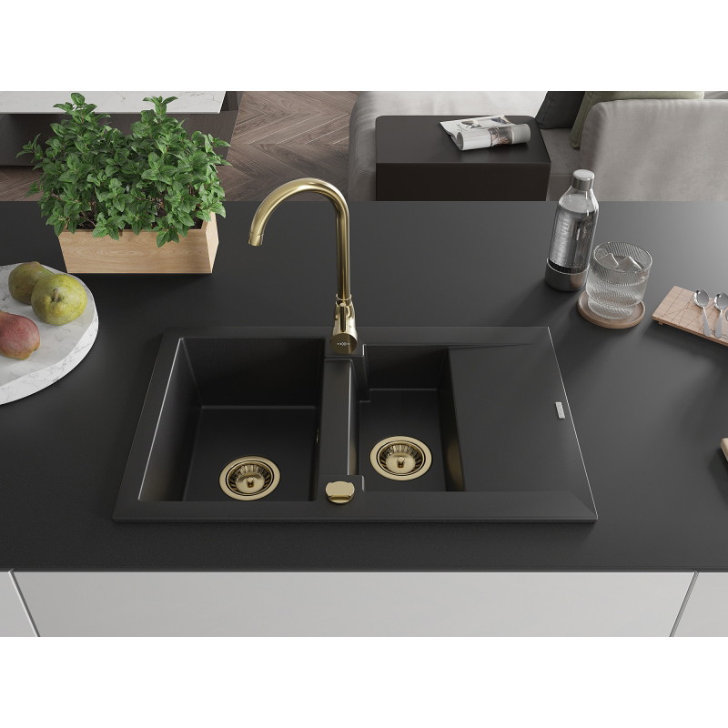 Mexen Gaspar 1,5-medencés gránit mosogató csepegtetővel 737 x 475 mm, fekete, arany szifon - 6507731505-77-G