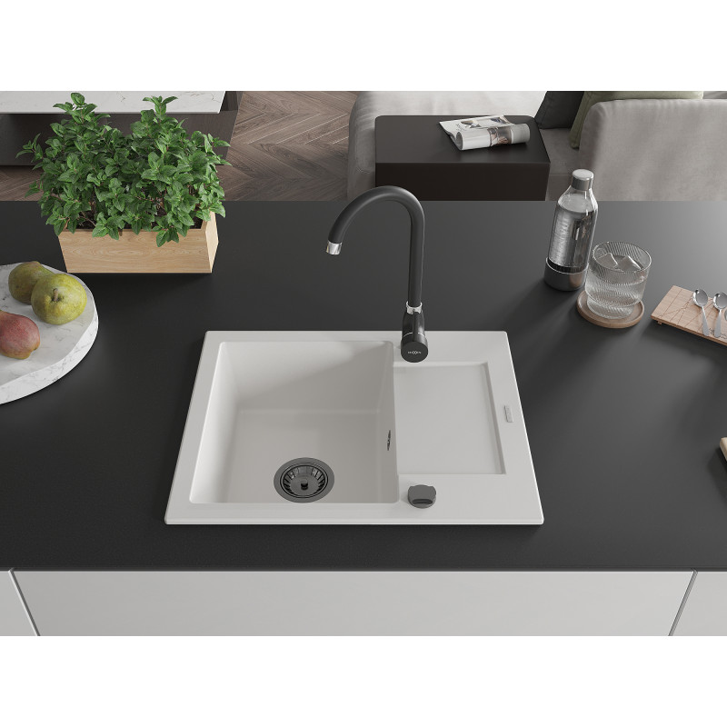 Mexen Enzo chiuvetă din granit cu 1 cuvă și scurgător 576 x 465 mm, albă, sifon negru - 6506571005-20-B