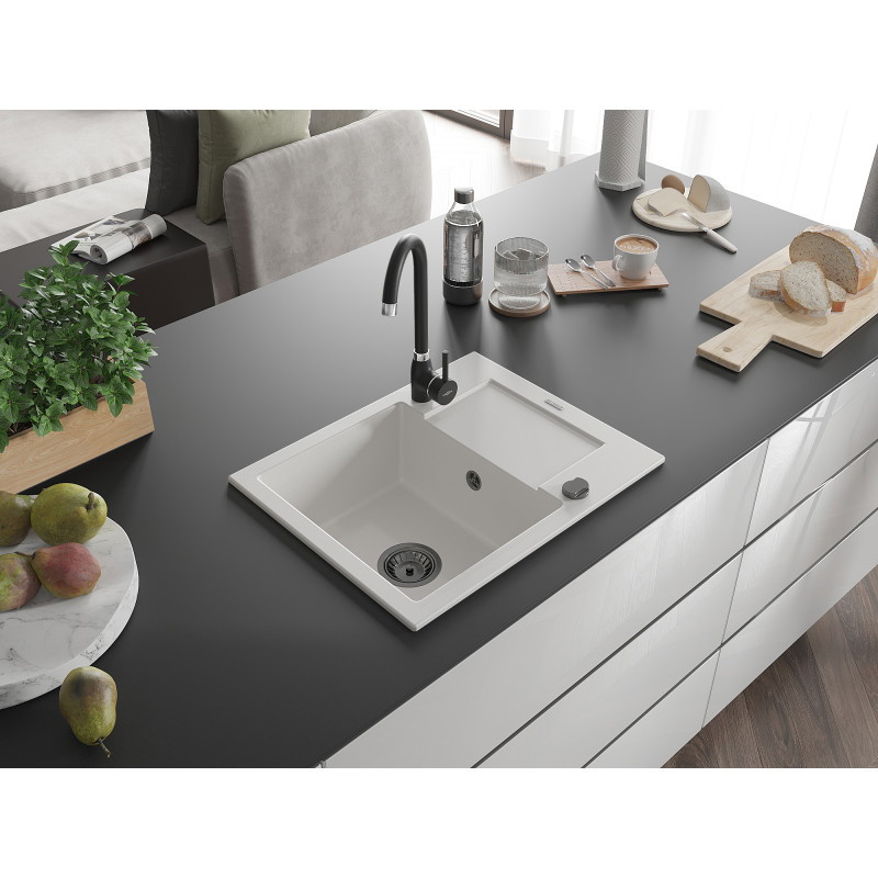 Mexen Enzo 1-utas gránit mosogató lefolyóval 576 x 465 mm, fehér, fekete szifon - 6506571005-20-B