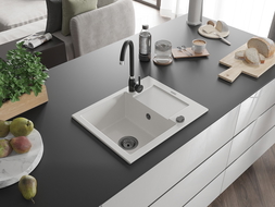 Mexen Enzo chiuvetă din granit cu 1 compartiment cu picurător 576 x 465 mm, Albă, sifon Neagră - 6506571005-20-B