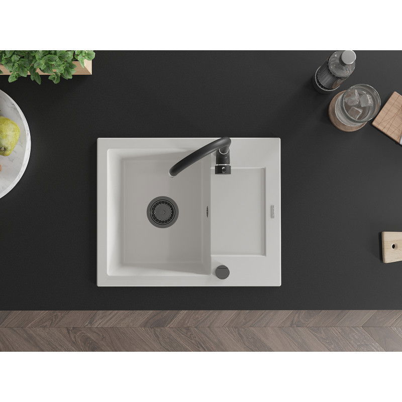 Mexen Enzo chiuvetă din granit cu 1 cuvă și scurgător 576 x 465 mm, alb, sifon negru - 6506571005-20-B