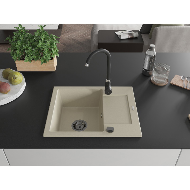 Mexen Enzo chiuvetă de granit cu 1 compartiment cu scurgător 576 x 465 mm, bej, sifon negru - 6506571005-69-B