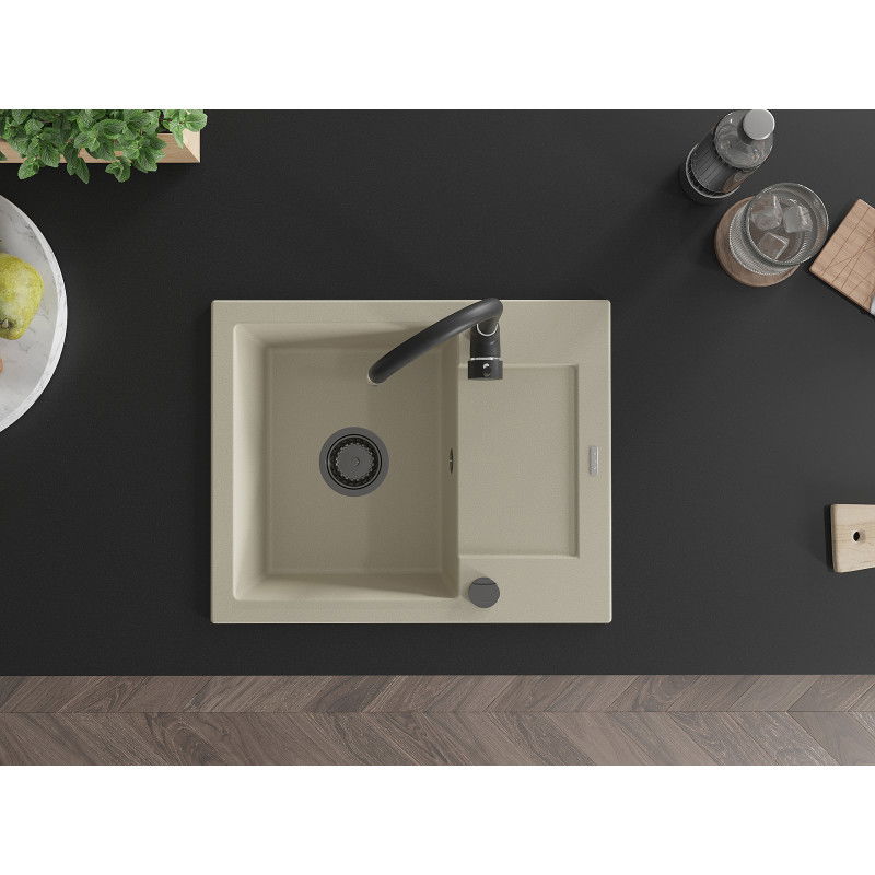 Mexen Enzo chiuvetă de bucătărie din granit cu 1 compartiment și picurător 576 x 465 mm, bej, sifon negru - 6506571005-69-B