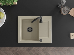 Mexen Enzo chiuvetă de bucătărie din granit cu 1 compartiment și picurător 576 x 465 mm, bej, sifon negru - 6506571005-69-B