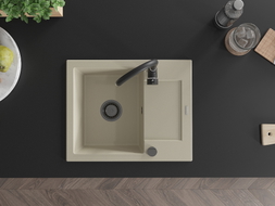 Mexen Enzo chiuvetă de granit cu 1 compartiment cu scurgător 576 x 465 mm, bej, sifon negru - 6506571005-69-B