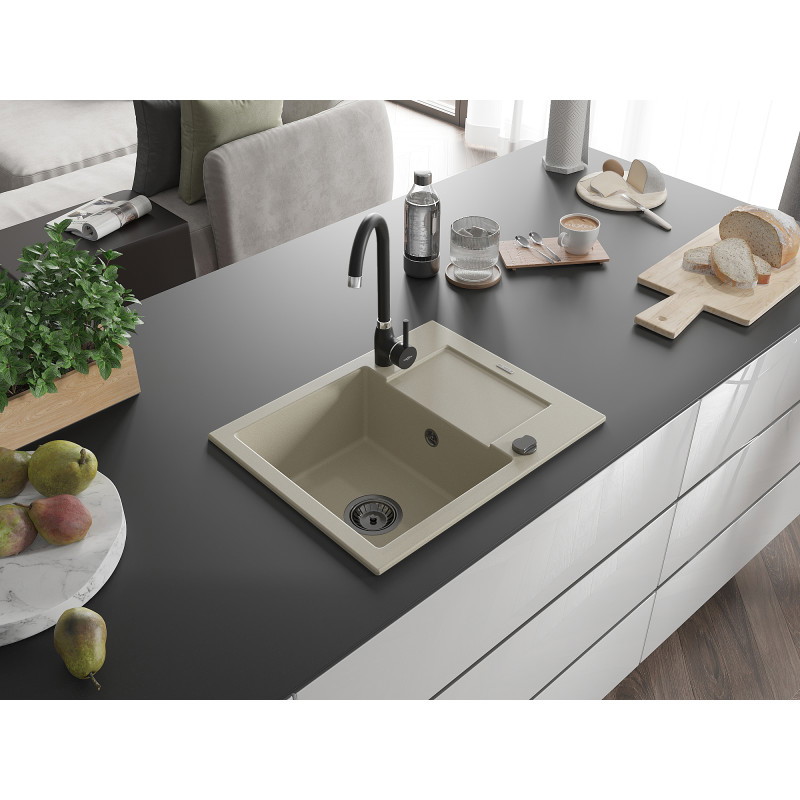 Mexen Enzo chiuvetă de granit cu 1 compartiment cu scurgător 576 x 465 mm, bej, sifon negru - 6506571005-69-B