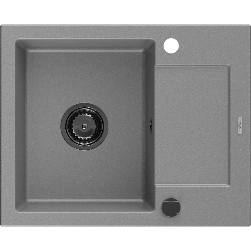 Mexen Enzo 1-medencés gránit mosogató tálcával 576 x 465 mm, szürke, fekete szifon - 6506571005-71-B