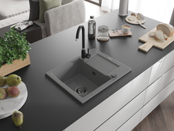 Mexen Enzo 1-medencés gránit mosogató tálcával 576 x 465 mm, szürke, fekete szifon - 6506571005-71-B