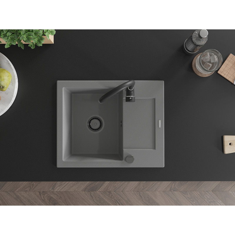 Mexen Enzo 1-medencés gránit mosogató tálcával 576 x 465 mm, szürke, fekete szifon - 6506571005-71-B