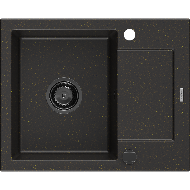 Mexen Enzo 1 rekeszes gránit mosogató csepegtetővel, 576 x 465 mm, fekete/arany metál, fekete szifon - 6506571005-75-B