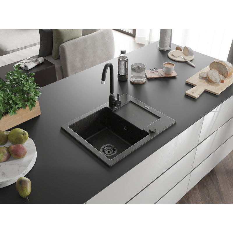 Mexen Enzo 1 rekeszes gránit mosogató csepegtetővel, 576 x 465 mm, fekete/arany metál, fekete szifon - 6506571005-75-B