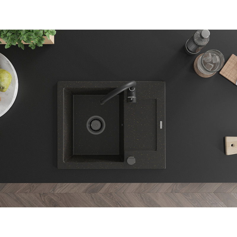 Mexen Enzo chiuvetă de bucătărie din granit cu 1 compartiment, cu scurgător, 576 x 465 mm, negru/auriu metalizat, sifon
