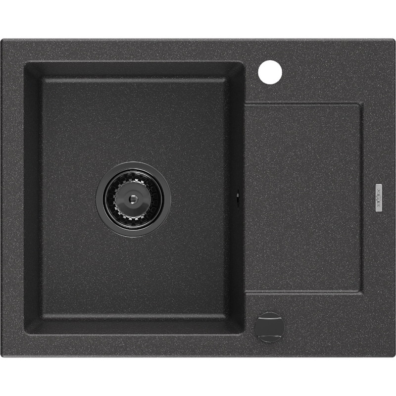 Mexen Enzo chiuvetă de granit cu 1 compartiment și scurgător 576 x 465 mm, negru stropit, sifon negru - 6506571005-76-B