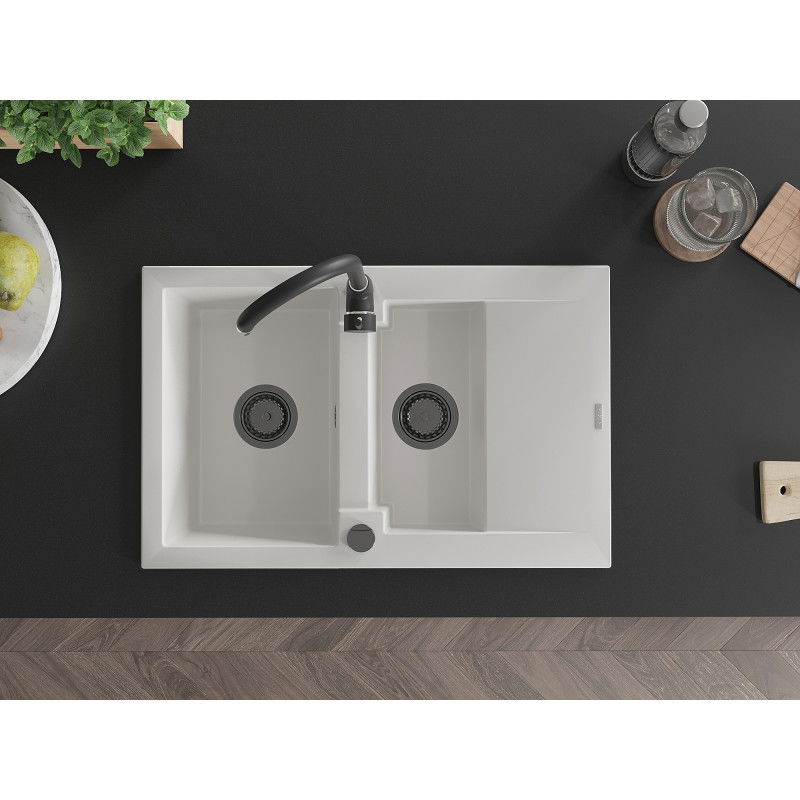 Mexen Gaspar chiuvetă din granit cu 1,5 compartimente și scurgător 737 x 475 mm, alb, sifon negru - 6507731505-20-B