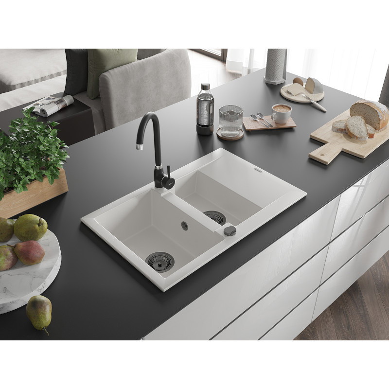Mexen Gaspar chiuvetă de granit cu 1,5 compartimente și scurgător 737 x 475 mm, albă, sifon negru - 6507731505-20-B