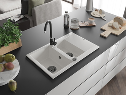 Mexen Gaspar chiuvetă din granit cu 1,5 compartimente și scurgător 737 x 475 mm, alb, sifon negru - 6507731505-20-B