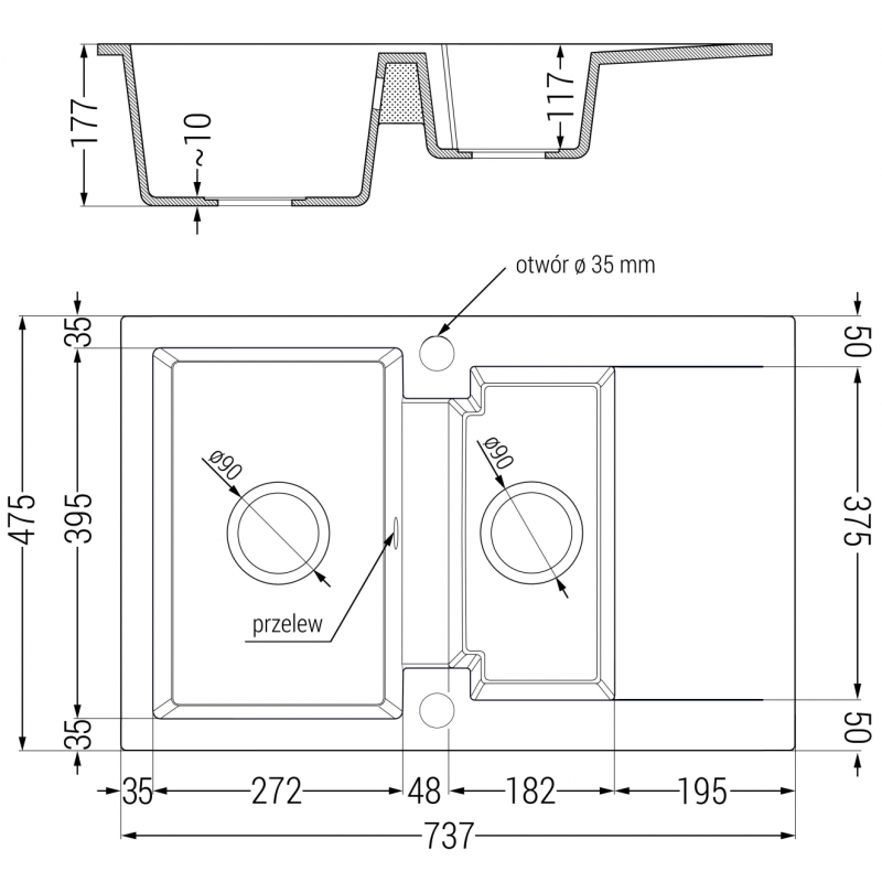 Mexen Gaspar gránit 1,5 kamrás mosogató csepegtetővel 737 x 475 mm, szürke, fekete szifon - 6507731505-71-B
