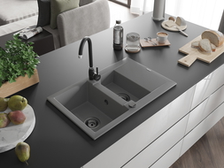 Mexen Gaspar chiuvetă de granit cu 1,5 compartiment cu picurător 737 x 475 mm, gri, sifon Neagră - 6507731505-71-B