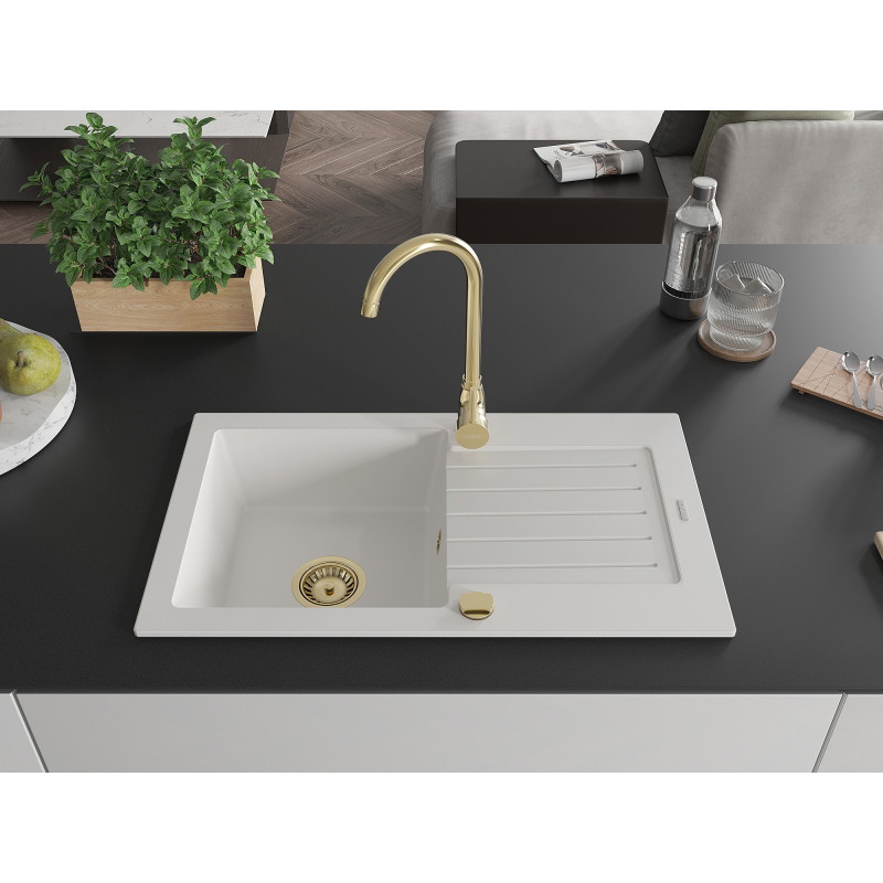 Mexen Pablo chiuvetă din granit cu 1 cuvă și scurgător 752 x 436 mm, alb, sifon auriu - 6510751010-20-G