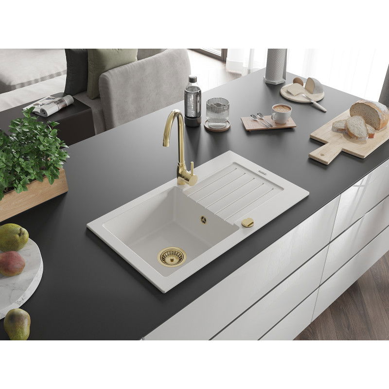 Mexen Pablo chiuvetă de bucătărie din granit cu 1 compartiment și picurător 752 x 436 mm, alb, sifon auriu - 6510751010-20-G