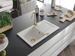 Mexen Pablo chiuvetă din granit cu 1 compartiment cu picurător 752 x 436 mm, Albă, sifon Auriu - 6510751010-20-G