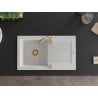 Mexen Pablo chiuvetă din granit cu 1 compartiment cu picurător 752 x 436 mm, Albă, sifon Auriu - 6510751010-20-G