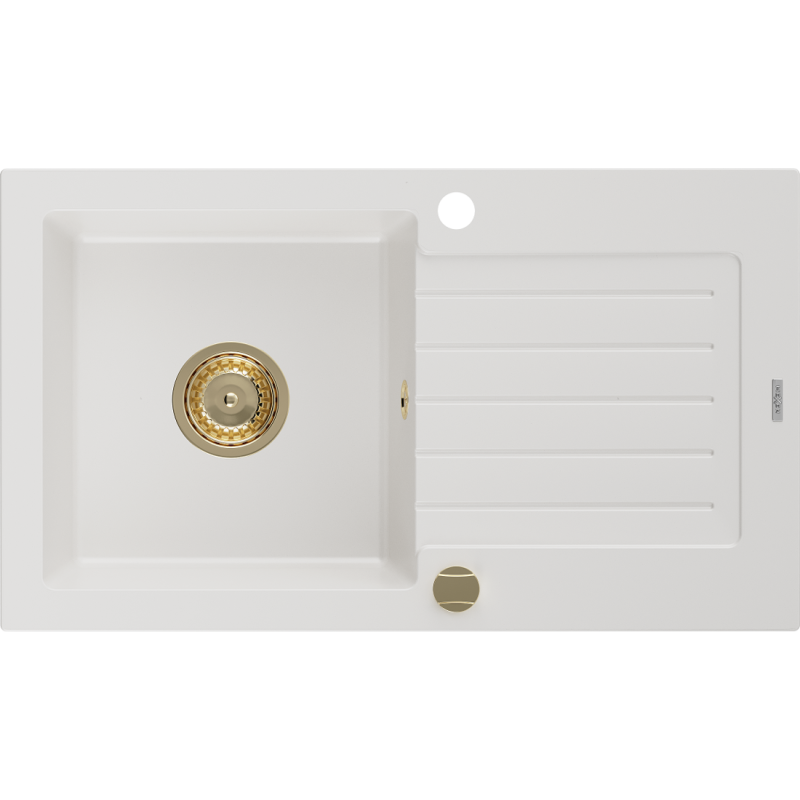 Mexen Pablo 1 medencés gránit mosogató csepegtetővel 752 x 436 mm, fehér, arany szifon - 6510751010-20-G