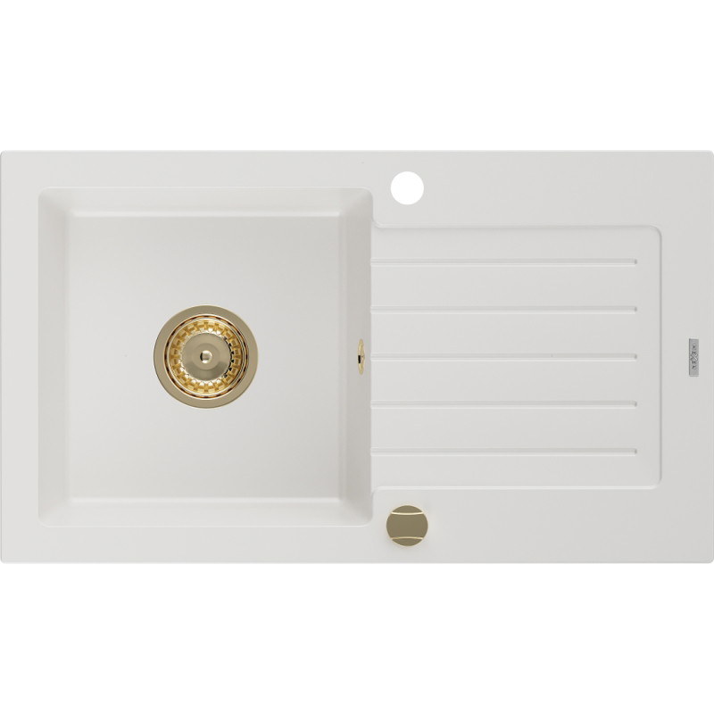 Mexen Pablo chiuvetă din granit cu 1 cuvă și scurgător 752 x 436 mm, alb, sifon auriu - 6510751010-20-G