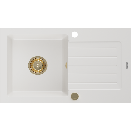 Mexen Pablo 1 medencés gránit mosogató csepegtetővel 752 x 436 mm, fehér, arany szifon - 6510751010-20-G