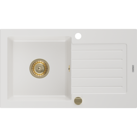 Mexen Pablo1-medencés gránit mosogató edényszárítóval 752 x 436 mm, Fehér, szifon Arany - 6510751010-20-G