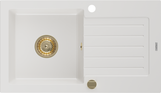 Mexen Pablo chiuvetă de bucătărie din granit cu 1 compartiment și picurător 752 x 436 mm, alb, sifon auriu - 6510751010-20-G