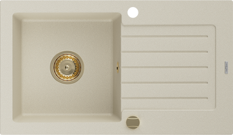 Mexen Pablo chiuvetă de bucătărie din granit cu 1 compartiment și scurgător 752 x 436 mm, bej, sifon auriu - 6510751010-69-G