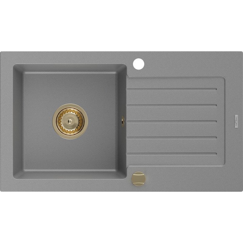 Mexen Pablo chiuvetă de bucătărie din granit cu o cuvă și picurător 752 x 436 mm, gri, sifon auriu - 6510751010-71-G