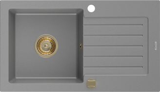 Mexen Pablo chiuvetă de granit cu 1 compartiment și scurgător 752 x 436 mm, gri, sifon auriu - 6510751010-71-G